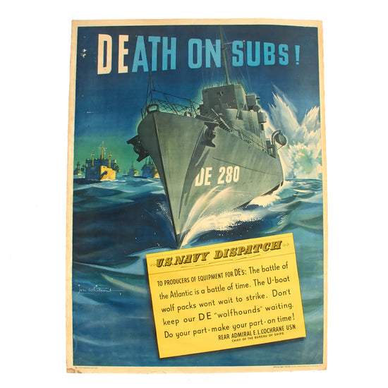 Original U.S. WWII “Death on Subs!” Linen-Backed Production Propaganda Poster - 29½ x 40”