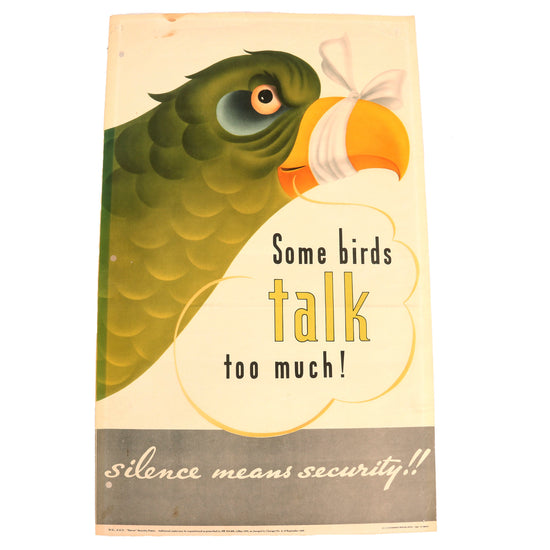 Original U.S. WWII “Some Birds Talk Too Much” Anti-Espionage Propaganda Poster - 14 x 22”