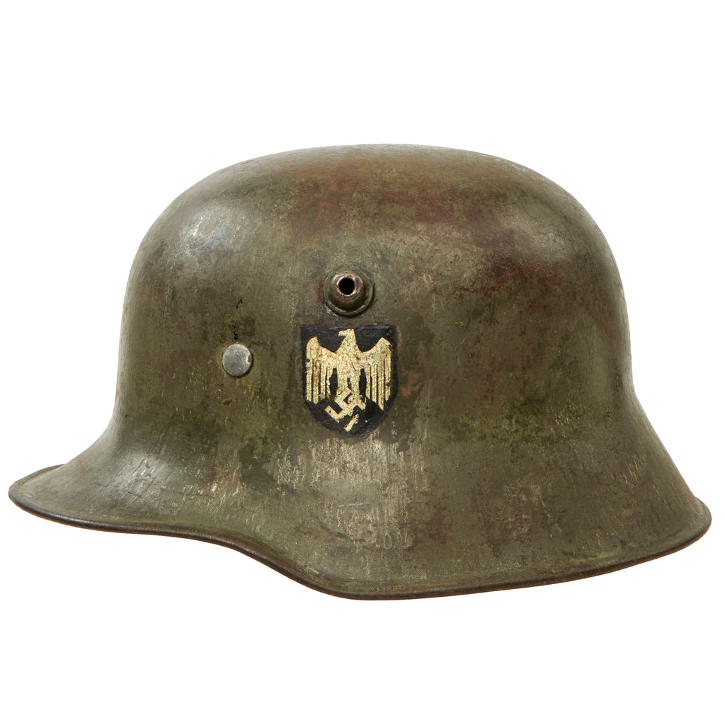 Original German WWII M18 Transitional Heer Army Double Decal Helmet with Interwar Liner & Chinstrap - Stamped "Bell" L64 Original Items