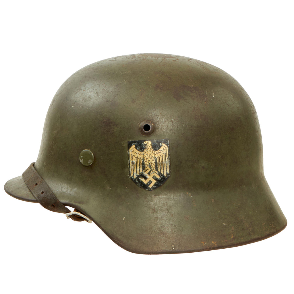 Original German WWII Extra Small Heer M35 Double Decal Helmet with 1937 Dated 53cm Liner & Chinstrap - Stamped ET60 Original Items