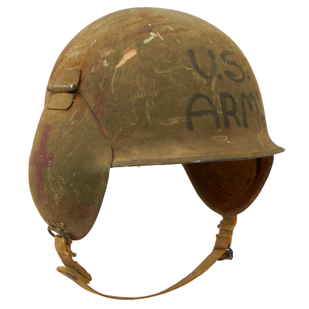 Original U.S. WWII USAAF Bomber Crew M3 Steel FLAK Helmet with Painted U.S. Army & Medic / Cross Symbols - Full Liner & Chinstrap