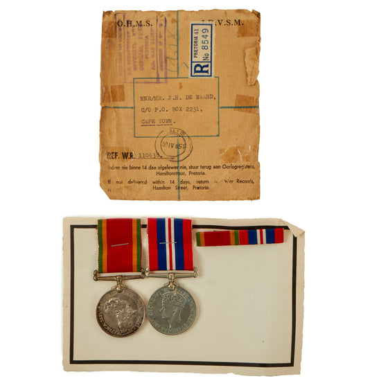 Original South African WWII Engraved 1939-1945 War Medal & WWII Africa Service Medal & Ribbons with Original Shipping Envelope