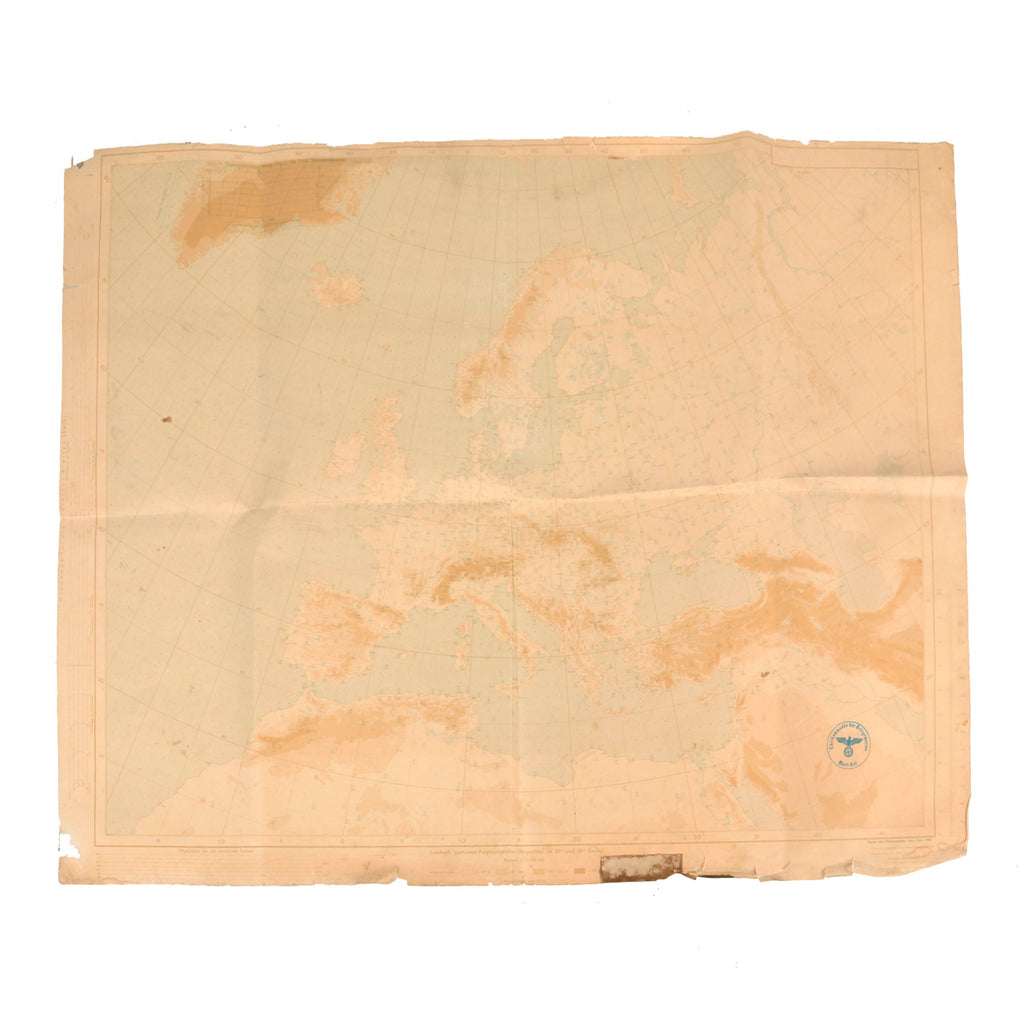 Original German WWII Kriegsmarine Windage Map of Europe & Northern Africa - KM Stamps - 25 x 32” - Dated April 1943 Original Items