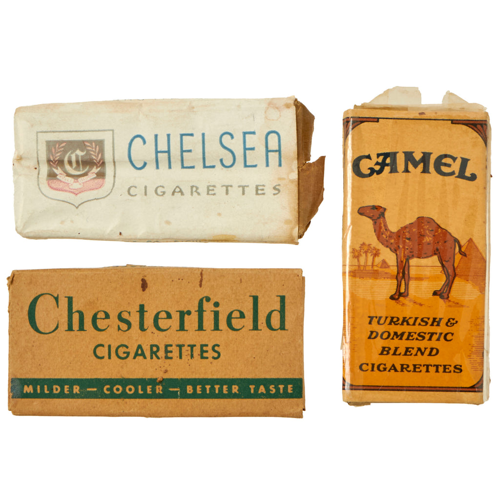 Original U.S. WWII Lot of 3 Mini Packs of Cigarettes - Camel, Chesterfield, & Chelsea