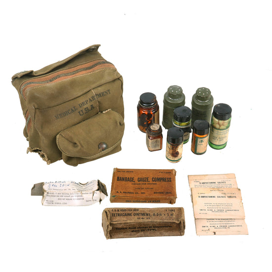 Original U.S. WWII Medical Department Zipper Pouch with Contents - Marked 6351st USAF Dispensary Original Items