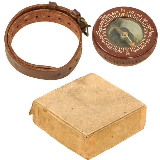 Original U.S. WWII Paratrooper Wrist Compass by Taylor with Leather Wrist Band and Original Box