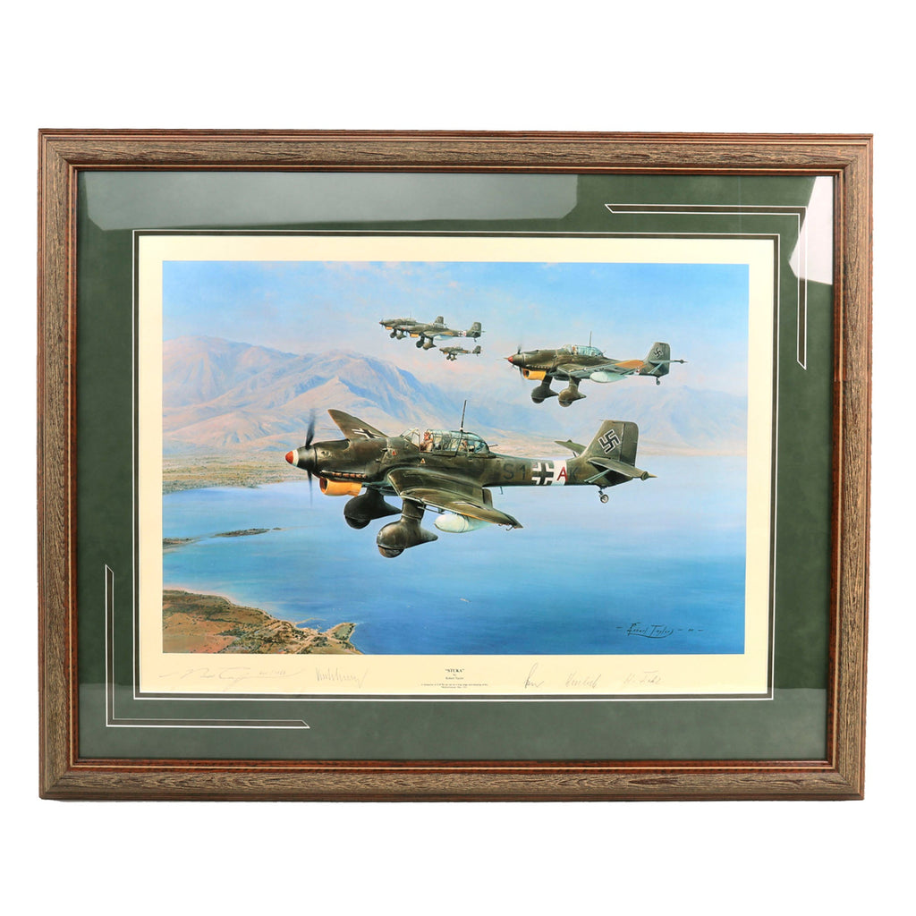 Original Artwork Print: “Stuka” Painting of German Luftwaffe Junkers Ju 87R Dive Bombers; Signed by Artist and 4 German Stuka Pilots - 37 ½" x 29 ½", in Museum Grade Frame Original Items