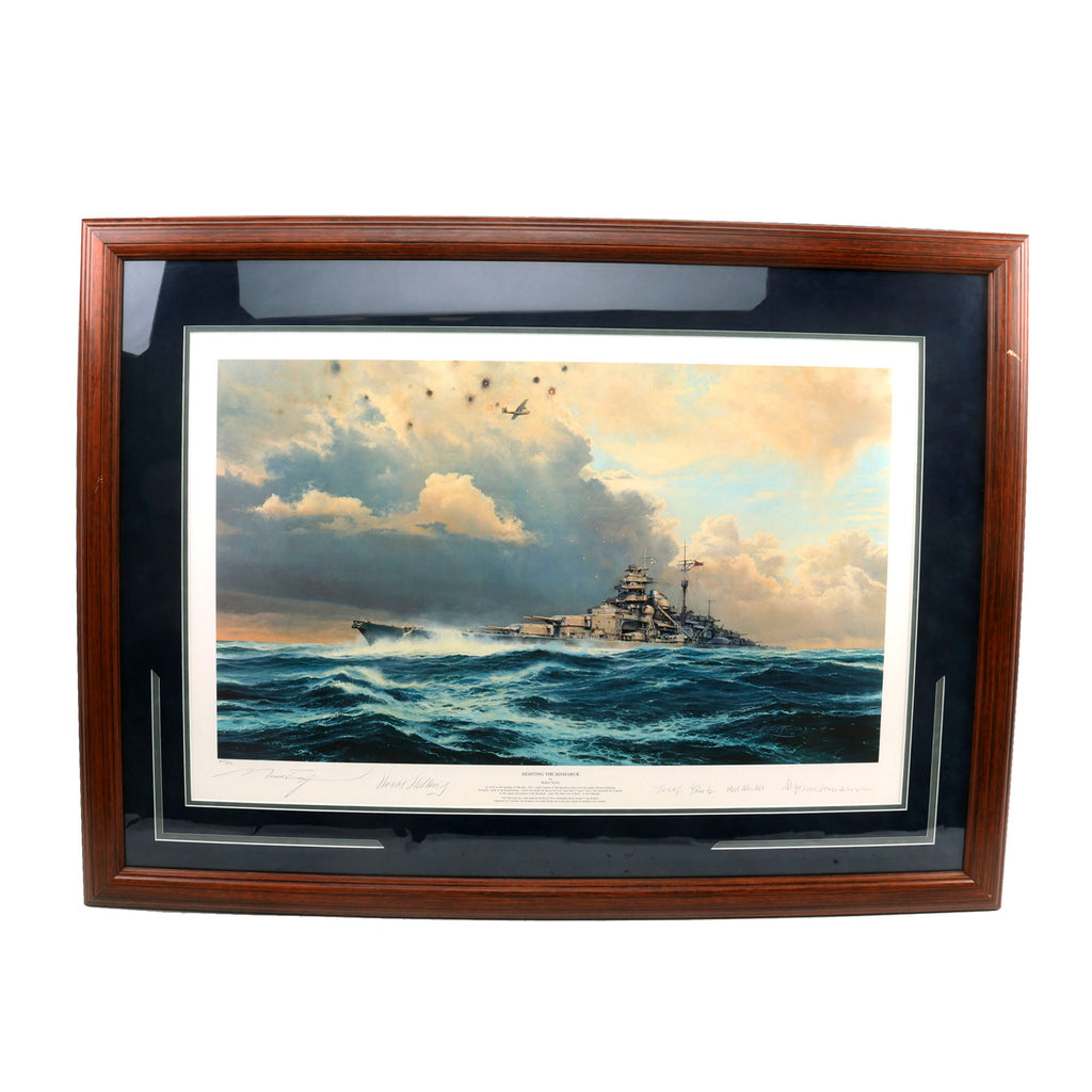 Original Artwork Print: “Sighting the Bismarck” Painting of British Catalina from RAF 209 Squardon over the Battleship; Signed by Artist & 4 Bismarck Survivors - 37" x 28", in Museum Grade Frame Original Items