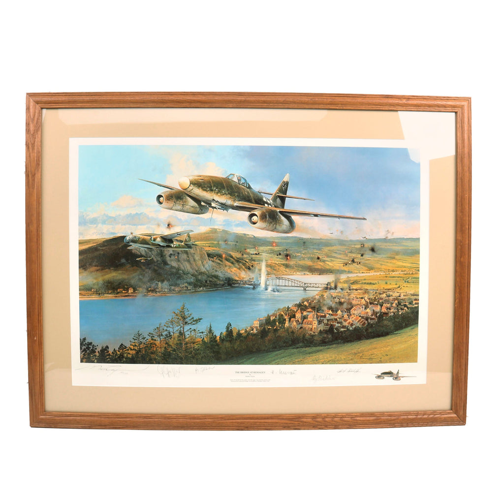 Original Artwork Print: “The Bridge at Remagen” Painting of German Jet Aircraft over Ludendorff Bridge; Signed by Artist and 4 Pilots - 36 ¼" x 27", in Museum Grade Frame Original Items