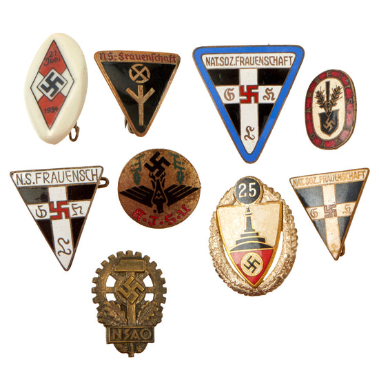 Original German WWII USGI Bring Back Badge Grouping with 4 NS-Frauenshaft Membership Badges - 9 Items Original Items