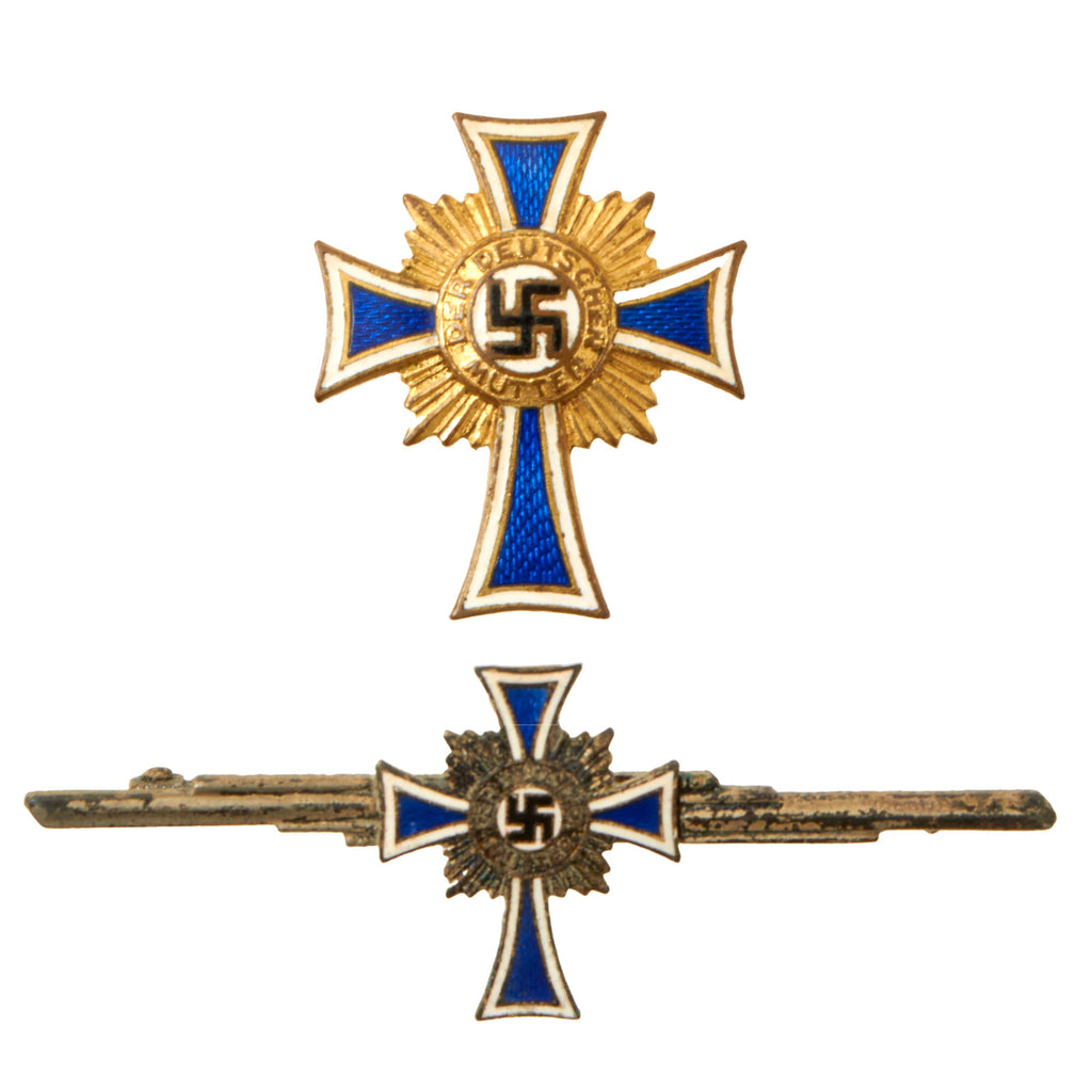 Original German WWII Set of Two Mother’s Cross Lapel Pins - (1) Gold (1) Silver - Cross of Honor of the German Mother Original Items