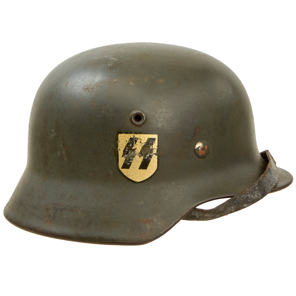 Original Rare German WWII Waffen SS M40 Single Decal Helmet with 55cm Liner and Chinstrap - Stamped ET62 Original Items