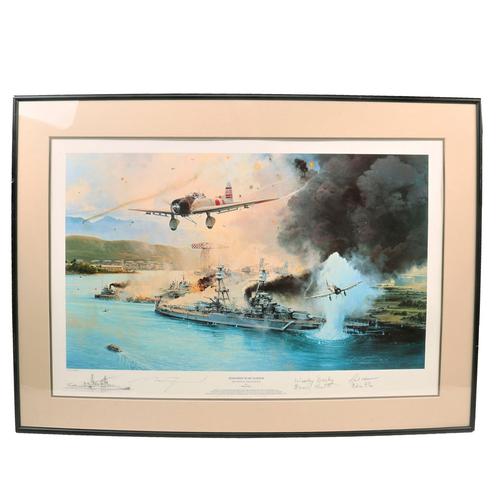 Original Artwork Print: “Remember Pearl Harbor! The Attack on the USS Nevada” Painting of Japanese Zeros bombing the USS Nevada; Signed by Artist, 4 Soldiers Stationed on the USS Nevada - 25½ x 35½” Original Items