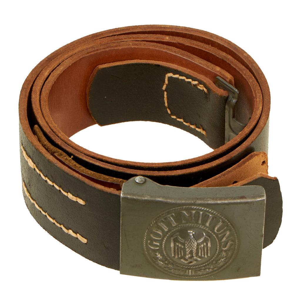 Original German WWII Wehrmacht Army Heer Leather Belt with Steel Buckle by Hermann Aurich - dated 1942 Original Items