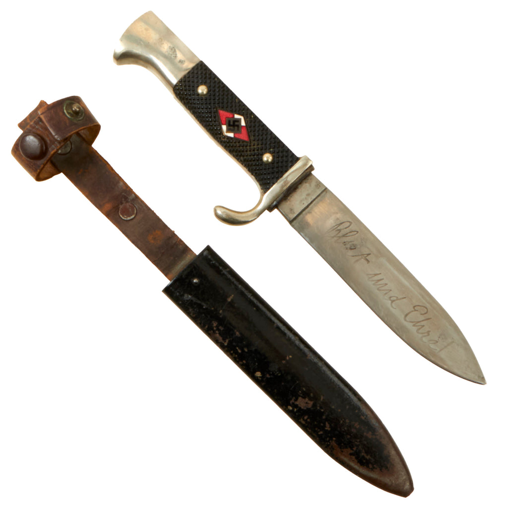 Original German WWII 1937 Dated Transitional HJ Knife with Motto by Anton Wingen Jr. with Scabbard - RZM M7/51