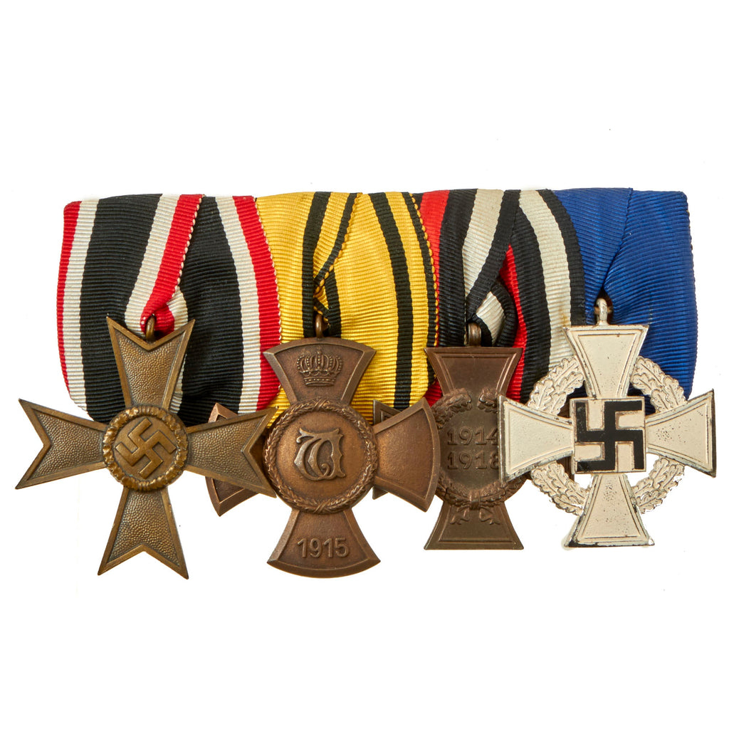 Original German WWI & WWII Medal Bar with Hindenburg Cross, War Merit Cross & 25 Year Service Decoration - 4 Awards Original Items