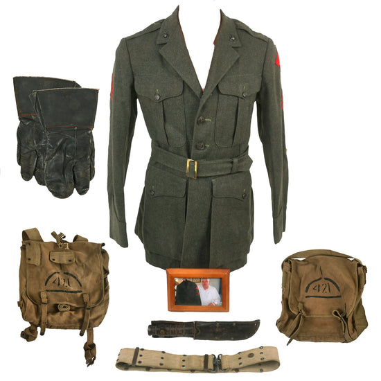 Original U.S. WWII Named Marine Corps Flamethrower Uniform & UNIS Marked Field Gear Grouping - Named USMC KA-BAR & Photo of Veteran with Uniform