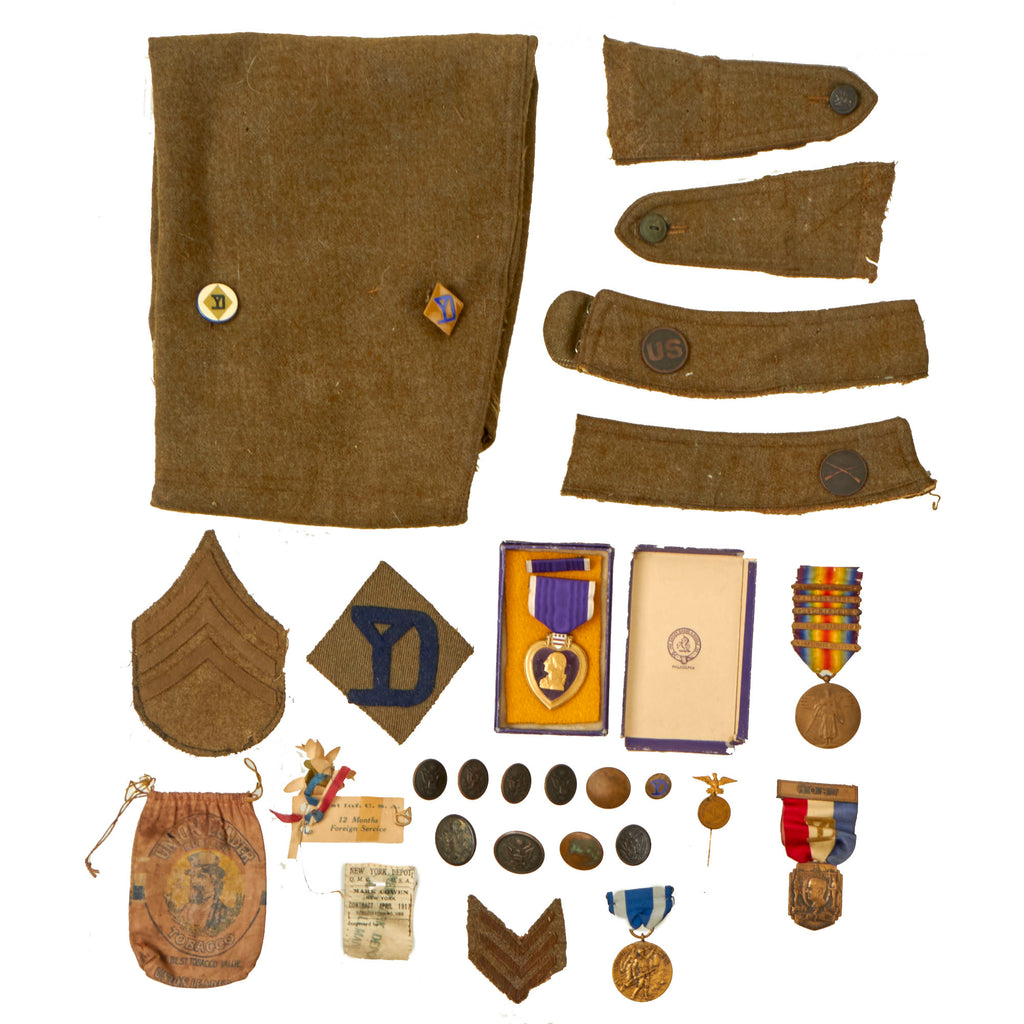 Original U.S. WWI 101st Infantry Regiment 26th Division Engraved Purple Heart & Uniform Piece Grouping with Medals & Insignia - Charles T. Derosier