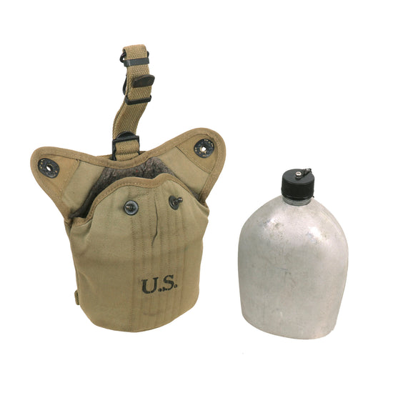 Original U.S. WWII Cavalry / Airborne Paratrooper M1941 Mounted Canteen Cover Dated 1942 With Canteen & Cup Set