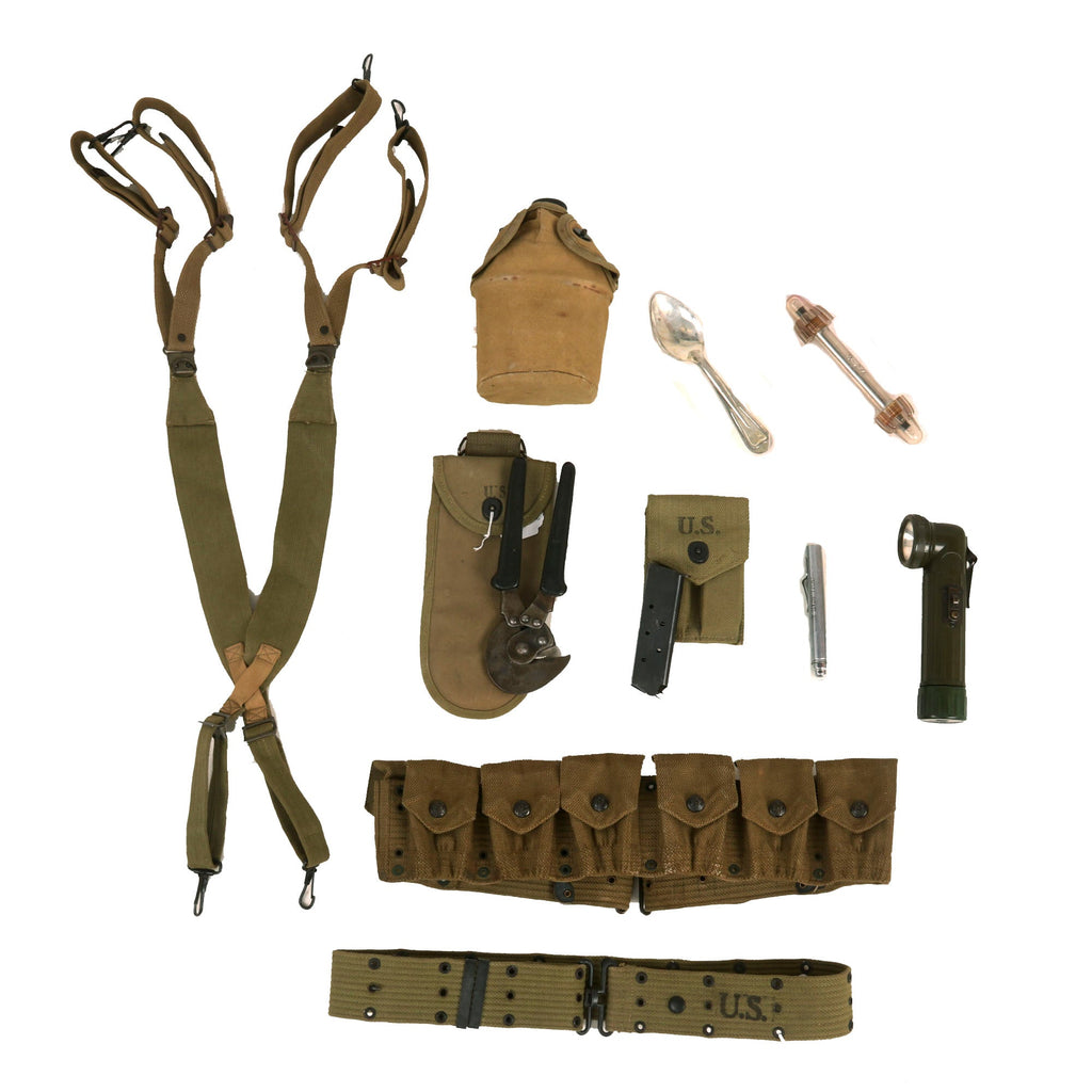 Original U.S. WWII - WWI Field Gear Lot - Eagle Snap Cartridge Belt - Flashlights - Wire Cutters & Suspenders Original Items