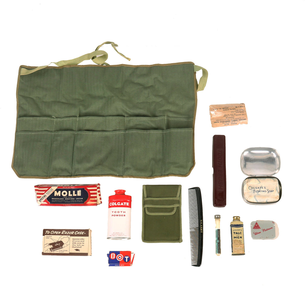 Original U.S. WWII Personal Effect Items Lot in Carrying Case - Tooth Powder & Hygiene Supplies