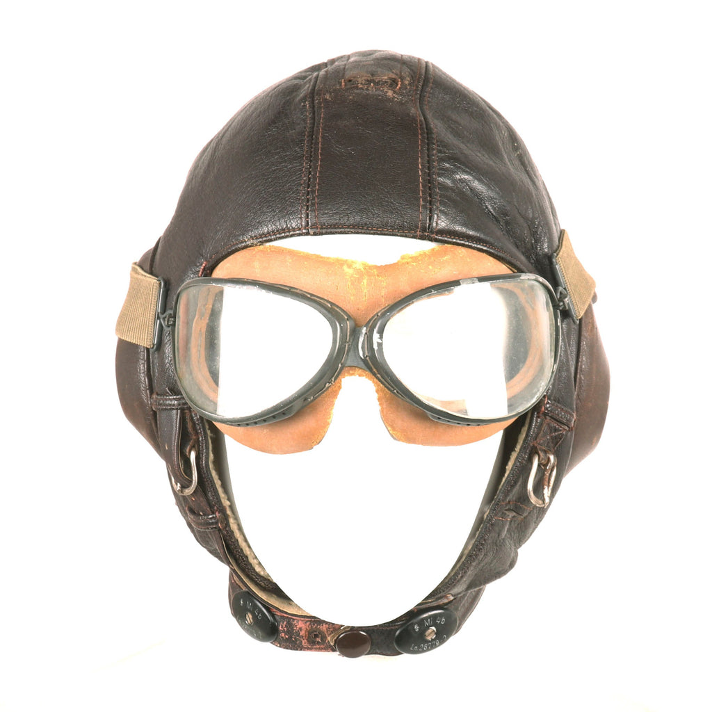 Original German WWII Luftwaffe LKpW101 Leather Winter Flying Helmet with Avionics & Goggles - Size 59cm Original Items