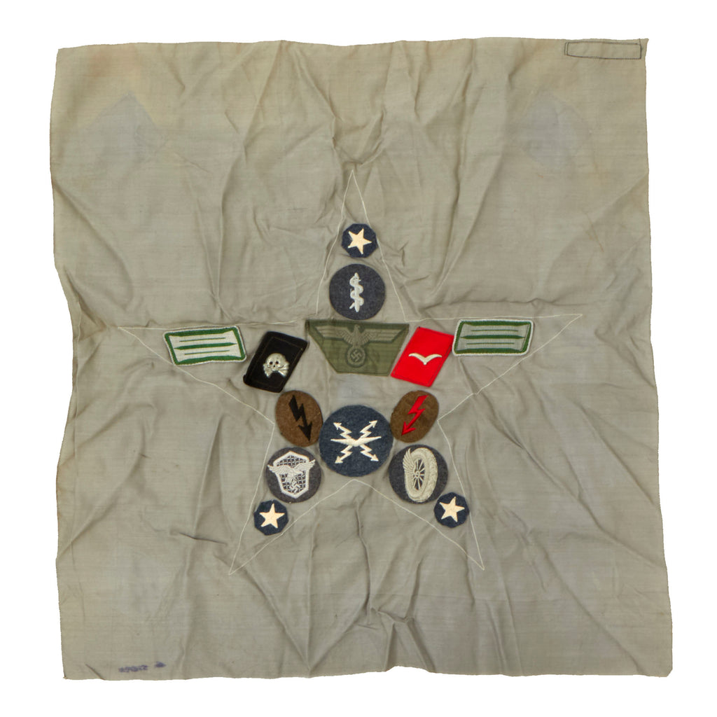 Original U.S. WWII Scarf with Attached German Insignia Named to POW Obergefreiter Alex. Klemm - 14 Attached Items