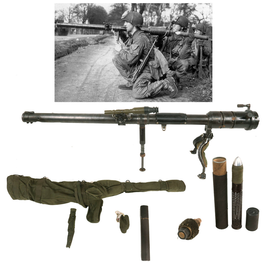 Original U.S. WWII 1945 Dated Paratrooper M18 Recoilless Rifle with Field Cover, 57mm Round in Canister & More - Inert Original Items