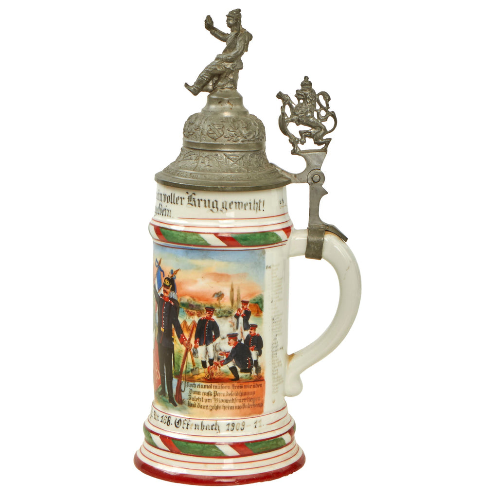 Original Imperial German WWI Era Hessian 168th (5th Grand Ducal Hessian) Infantry Regiment Beer Stein with Hinged Lid - Dated 1909-1911 Original Items