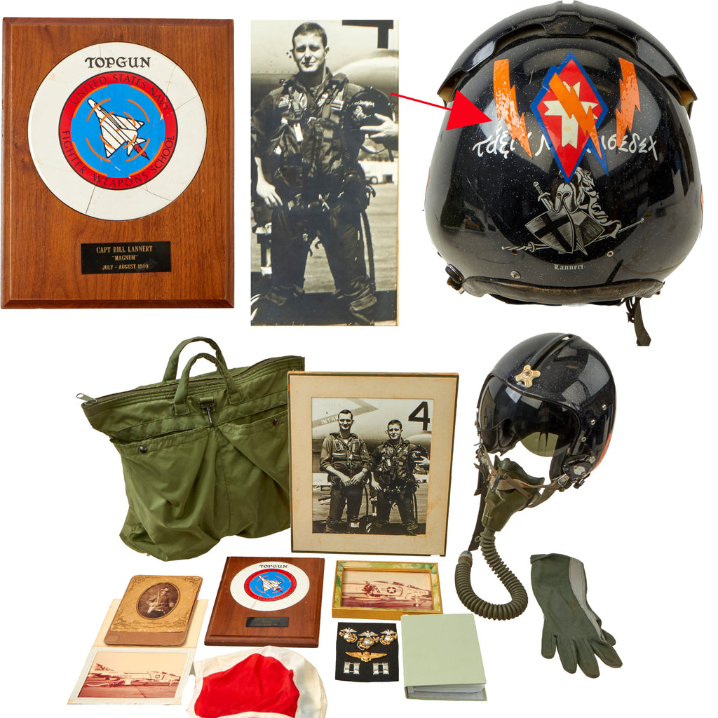 Original U.S. Vietnam War Era Top Gun Pilot Class of 1980 Captain Bill Lannert APH-5 Flying Helmet and Insignia Grouping - Marine Fighter Attack Squadron 251 (VMFA-251) Original Items