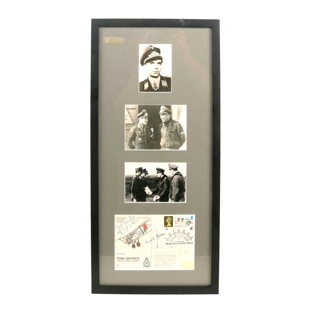 Original German WWII Luftwaffe Pilot Photo and Signature Grouping from Three Knight's Cross Recipients - 10" x 21" Framed Original Items