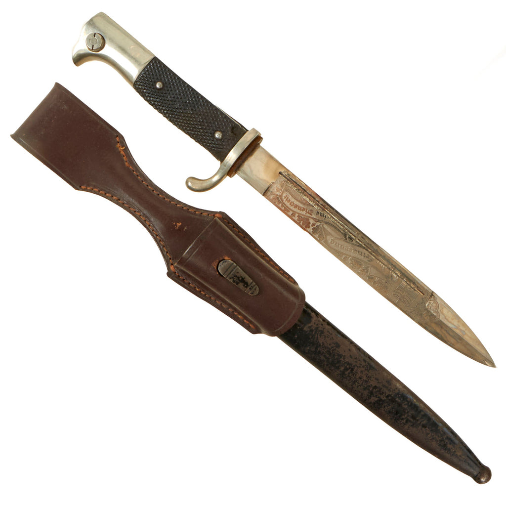 Original German WWII Heer Army Double Etched Short 98k Dress Bayonet with Scabbard & Leather Frog Original Items