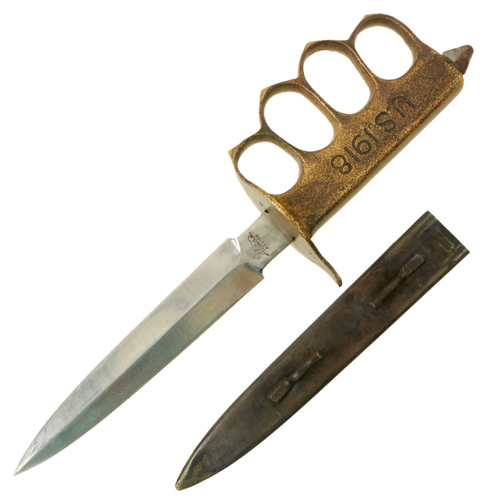 Original U.S. WWI Model 1918 French Made Mark I Trench Knife by AU LION with Correct Steel Scabbard