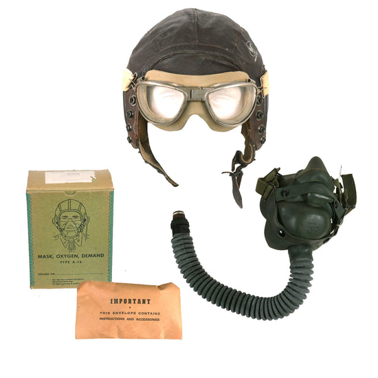Original U.S. WWII Army Air Forces Aviator Flight Set - A-11 Flying Helmet, AN6530 Goggles, A-14 Oxygen Mask