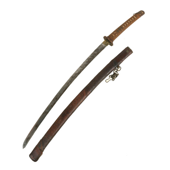 Original WWII Japanese Type 98 Shin-Gunto Katana Sword by MASAYUKI with Leather Covered Wooden Scabbard