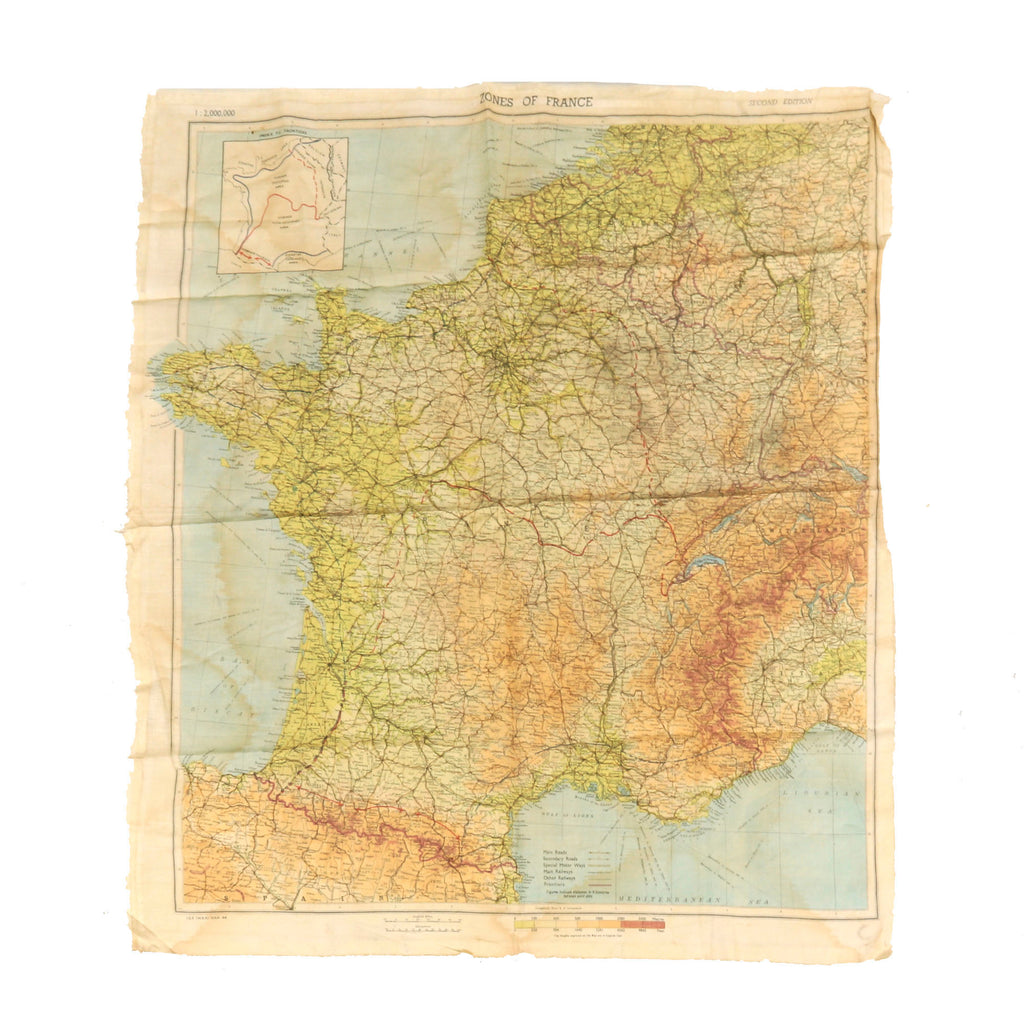 Original U.S. WWII Airborne "Zones of France" D-Day Silk Map - Dated March 1944 - WEA Western European Area - 22 ½” x 24”