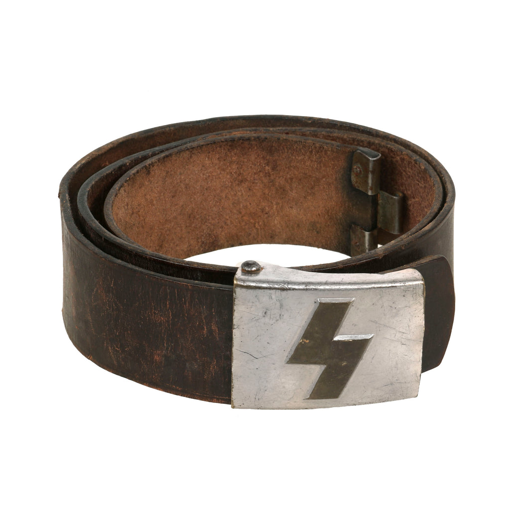 Original German WWII Early DJ Leather Belt with Deutsches Jungvolk Single Rune Plated Brass Buckle by F. W. Assmann & Söhne