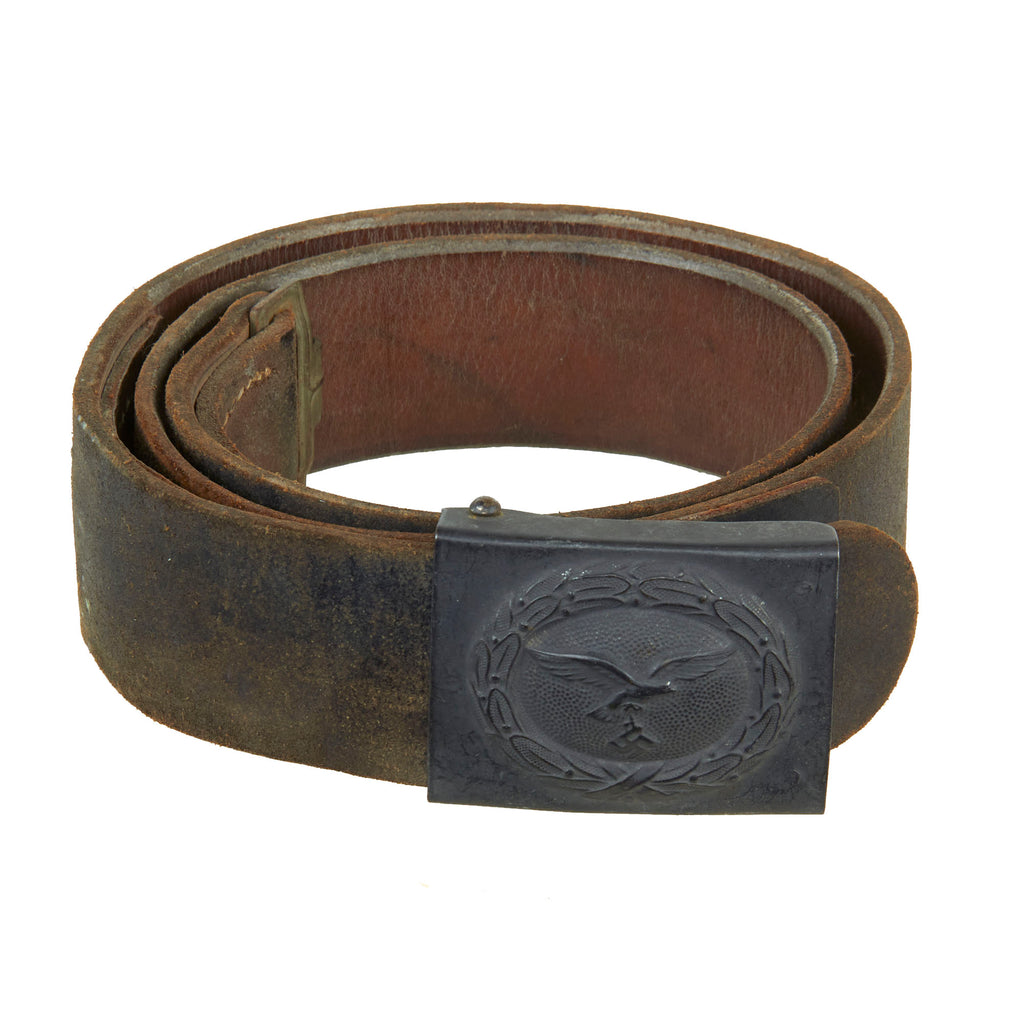 Original German WWII 1943 Dated Luftwaffe Leather Belt with Painted Steel Buckle by Ebberg & Co. of Lüdenscheid