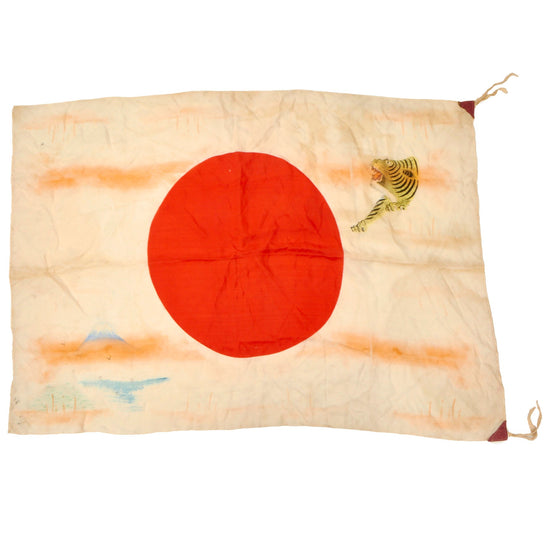 Original Japanese WWII Hand Painted Cloth Flag with Fantastic Tiger Motif & Mt. Fuji - 26½ x 39” Original Items