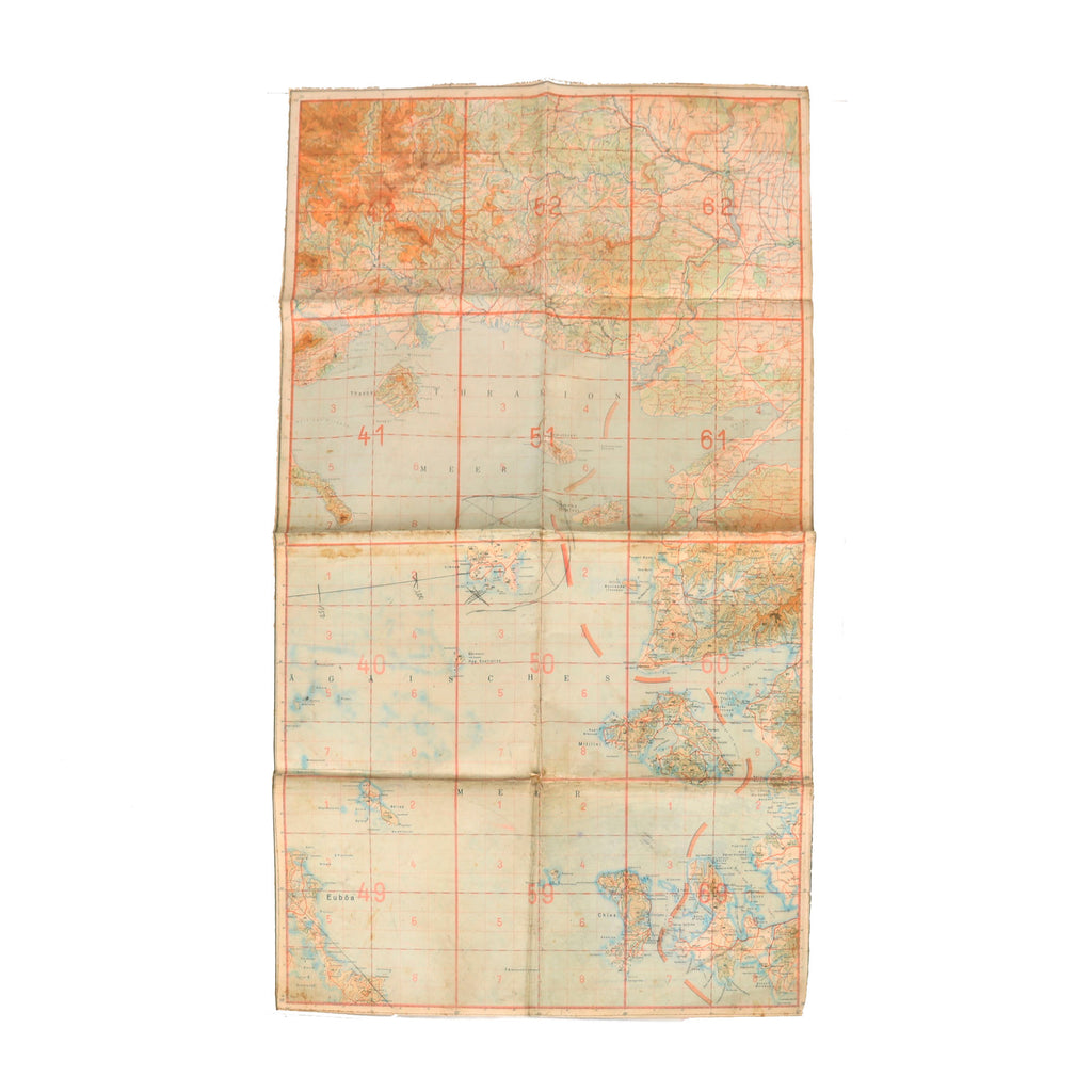 Original German WWII Luftwaffe Navigator Soft Laminate “Half” Map of Northern Greece and Aegean Sea - 36 ¼" x 21 ⅜"