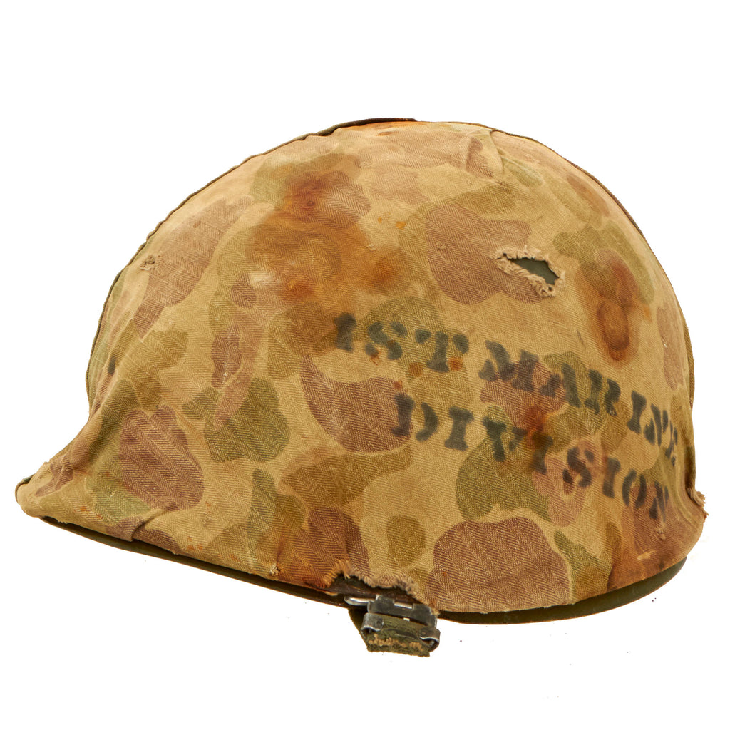 Original U.S. Korean War 1st Marine Division Rear Seam Swivel Bale M1 Helmet with Stenciled HBT USMC Camouflage Cover