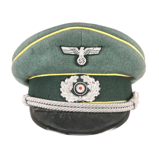 Original German WWII Army Heer Signals Officers Schirmmütze Visor Cap by Deutsche Wertarbeit with Embroidered Insignia