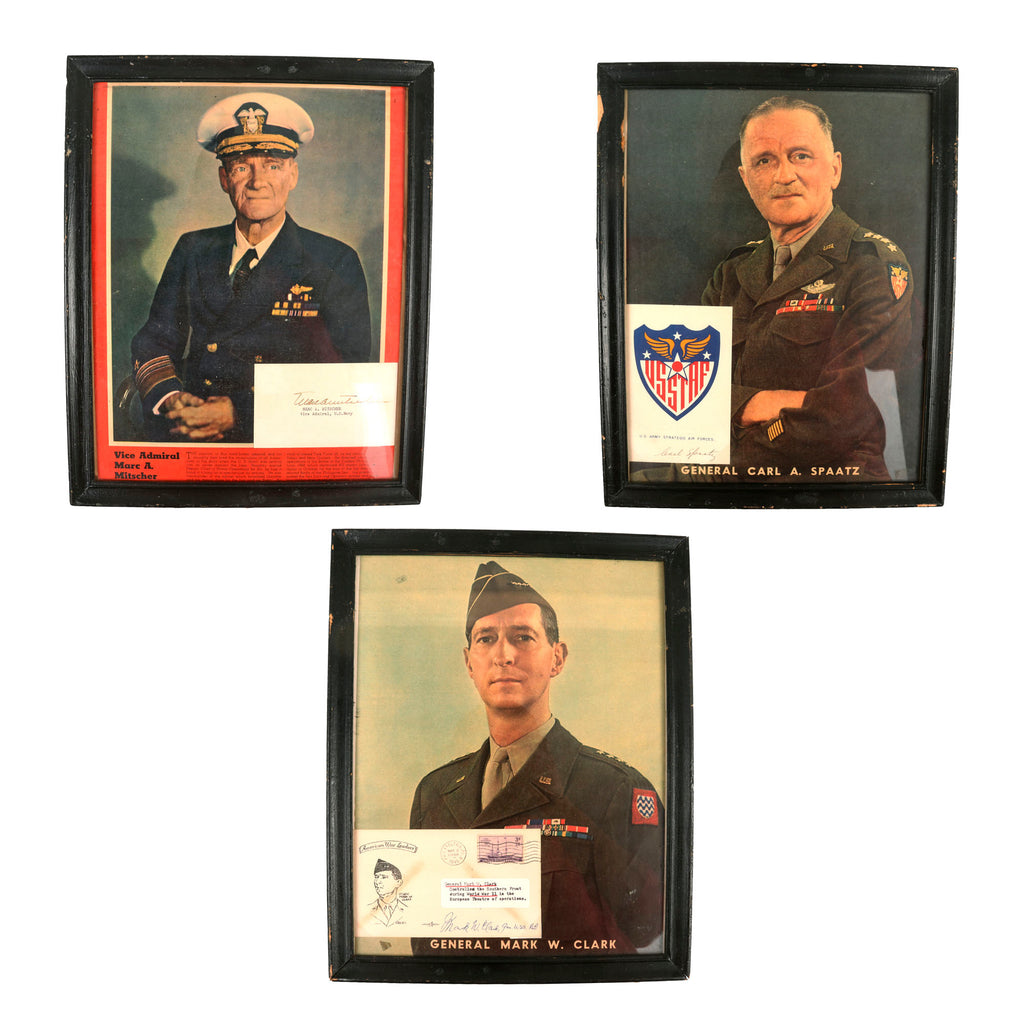 Original U.S. WWII Set of Three Framed Autographs - General Mark Clark, General Carl Spaatz, & Vice Admiral Marc A. Mitscher