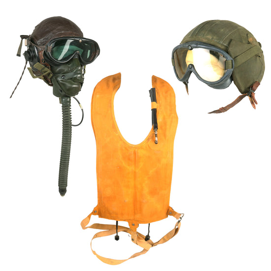 Original U.S. WWII Army Air Force Aviator Flight Helmet & Life Vest Set - M4A2 Flak Helmet with Type A-11 Helmet, Two Sets of M1944 Goggles, A-14 Mask, & Mae West Pneumatic Life Vest