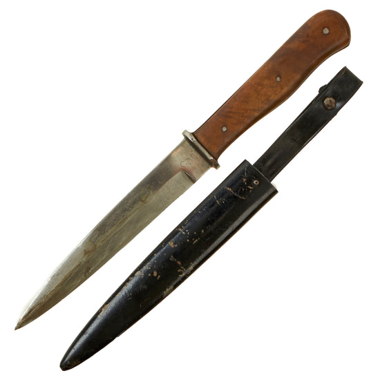 Original German WWII Wood Handle Nahkampfmesser Trench Fighting Knife with Steel Boot Scabbard by Carl Eickhorn