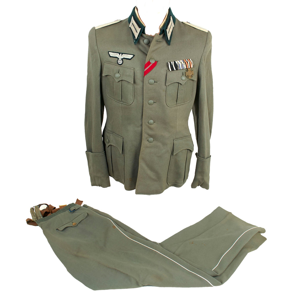 Original German WWII Named Heer Infantry Leutnant's M36 Field Uniform Tunic & Trousers with Suspenders, Partial Medal Bar, Eastern Medal Ribbon - dated 1943 Original Items