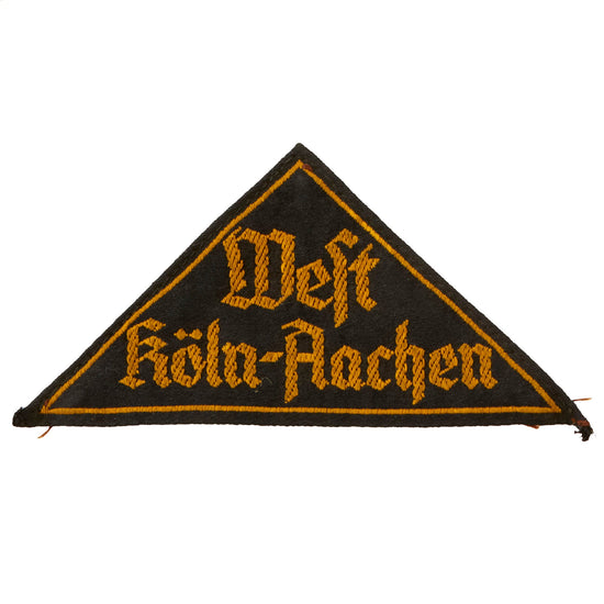 Original German WWII HJ National Youth Association West Köln-Aachen District Sleeve Triangle with Torn RZM Tag Remnants