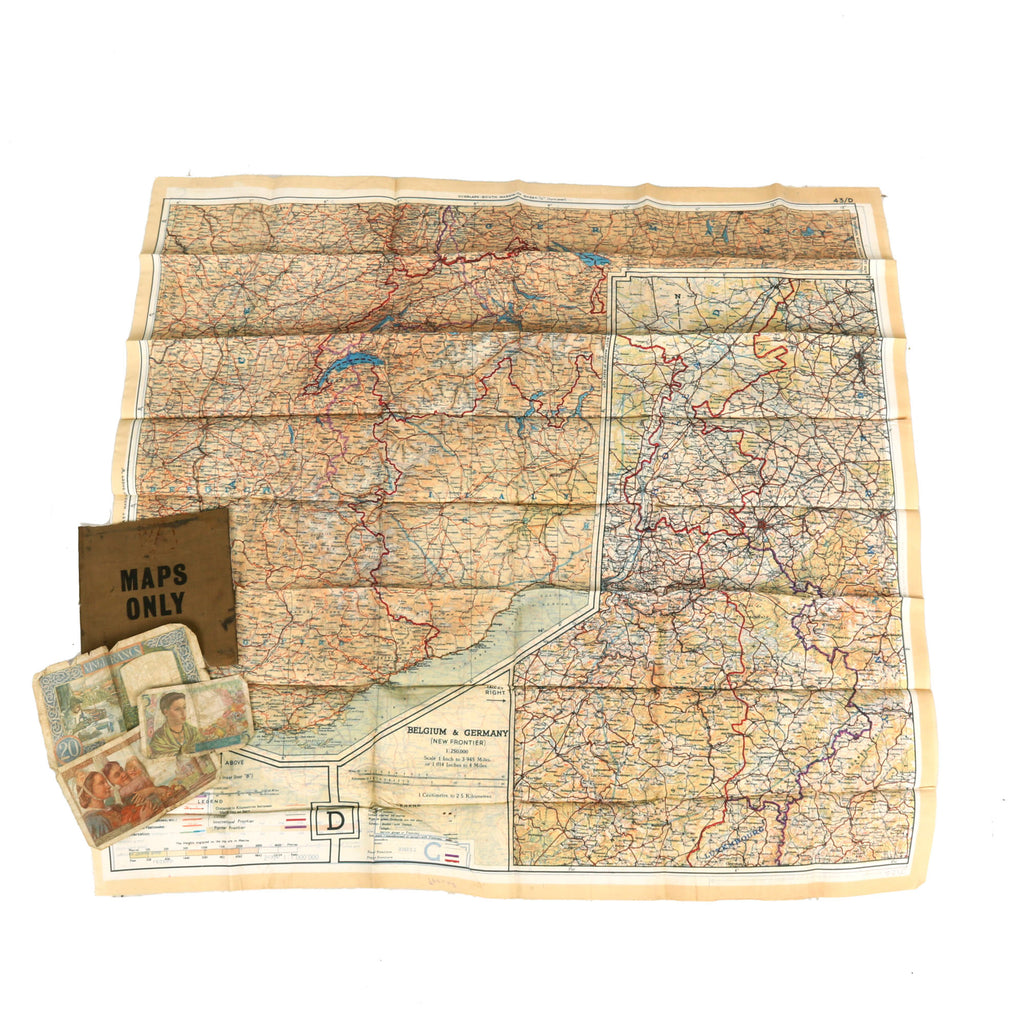 Original U.S. WWII 1943 Color Silk C/D “Escape Map” With “Maps Only” Pouch & French Money Named to Paratrooper - Oswald J. Freund