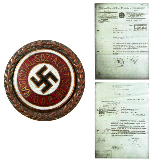 Original German WWII Identified Small Golden NSDAP Party Badge Pin by Josef Fuess with Full Documentation Copies - Member 44113