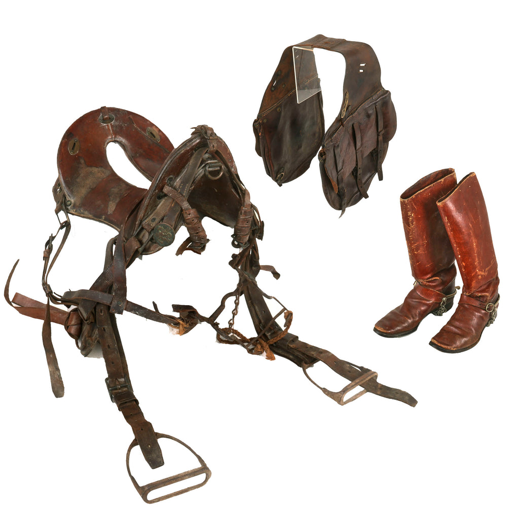 Original U.S. WWI 1918 Cavalry 12 Inch McClellan Saddle by Perkins-Campbell Co. with Saddle Bags and Boots with Spurs